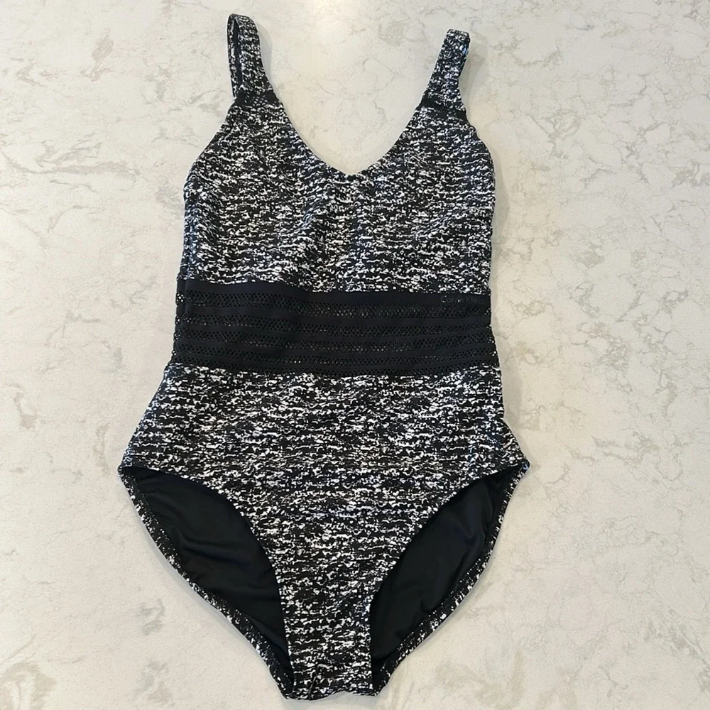Calvin Klein Sea Glass Printed Mesh-Inset Black White Suit Size 8